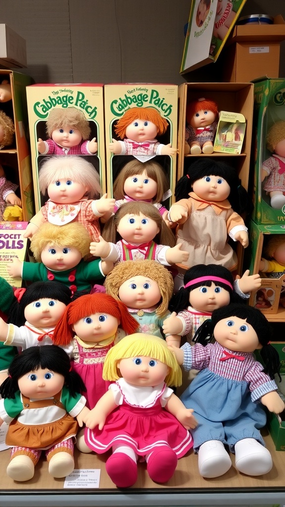 A collection of vintage Cabbage Patch Dolls from the 1980s, showcasing their unique designs and outfits.